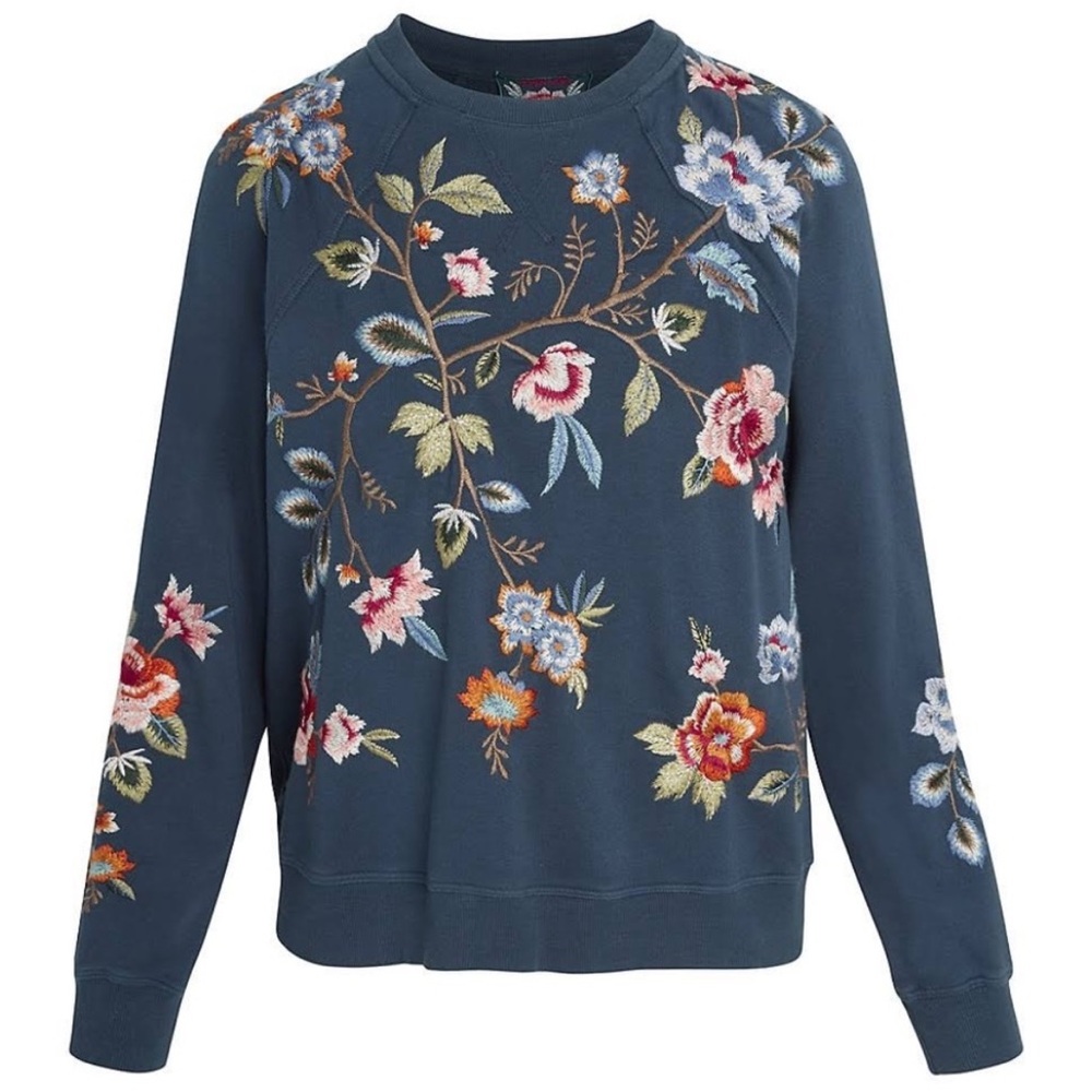 Johnny Was Blue Floral Embroidered Sweatshirt